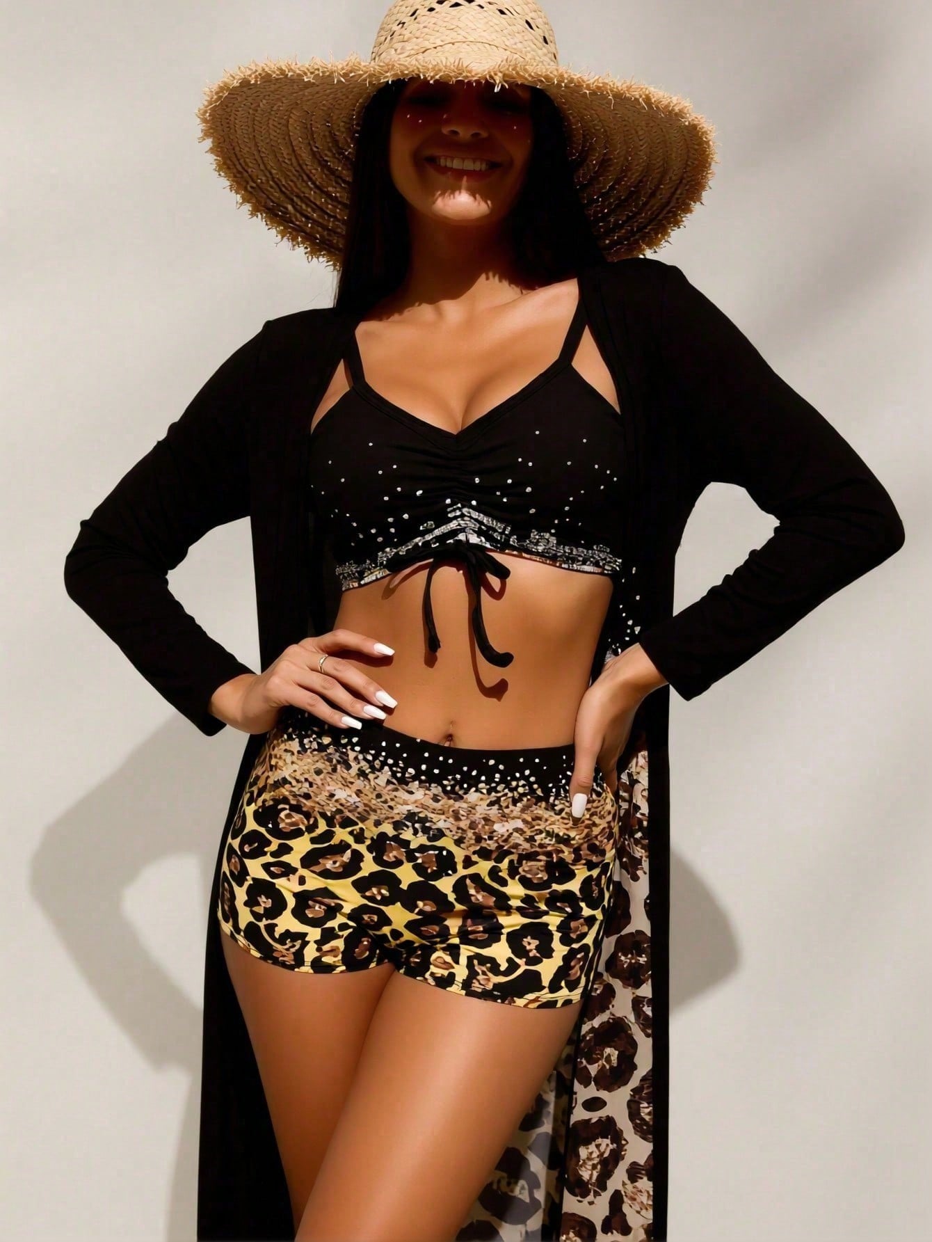 Shorts - Top bikini nero con strass da