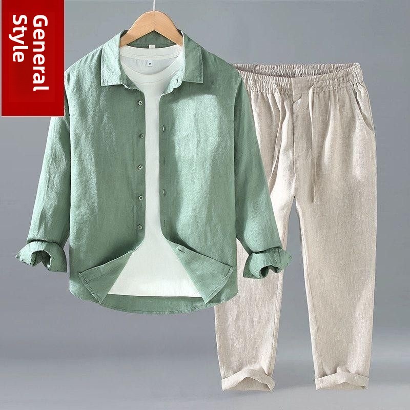 Mens Linen Shirt Long Sleeve - Set Estivo in Cotone e Lino,